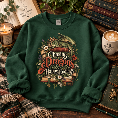 Fantasy Reader Sweatshirt, Chasing Dragons and Happy Endings, Dragon Book Sweatshirt, Fantasy Book Lover Gift, Bookish Crewneck