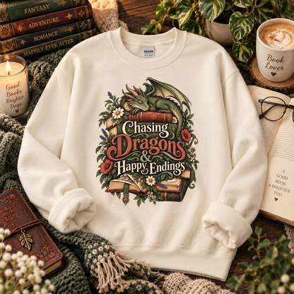 Fantasy Reader Sweatshirt, Chasing Dragons and Happy Endings, Dragon Book Sweatshirt, Fantasy Book Lover Gift, Bookish Crewneck