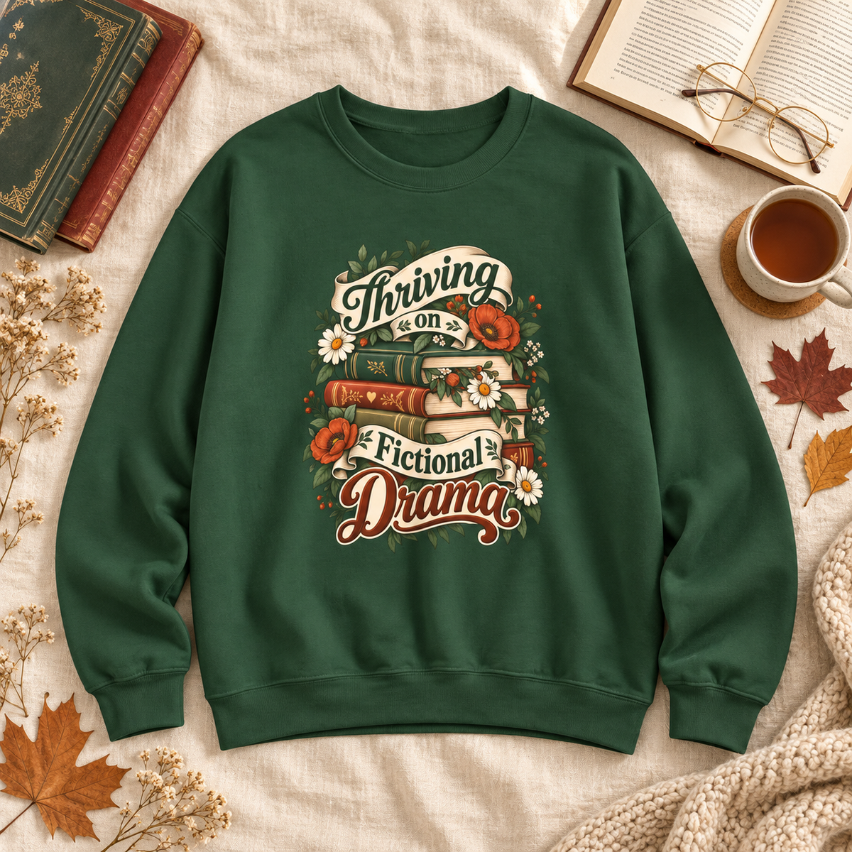 Thriving on Fictional Drama Sweatshirt, Bookish Reader Crewneck, Book Lover Gift, Romance Reader Shirt, Floral Book Sweatshirt