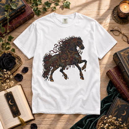 A white short-sleeve crewneck t-shirt featuring a detailed graphic of a rearing horse in ornate dark armor, laid flat on a wooden surface surrounded by books, a candle, and dried flowers.