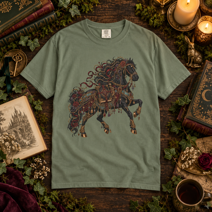 A sage green short-sleeve t-shirt featuring a detailed graphic of a rearing horse adorned with ornate armor and flowing red details, presented in a styled flat-lay on a dark wooden table surrounded by books, candles, ivy, and a small rabbit figurine.
