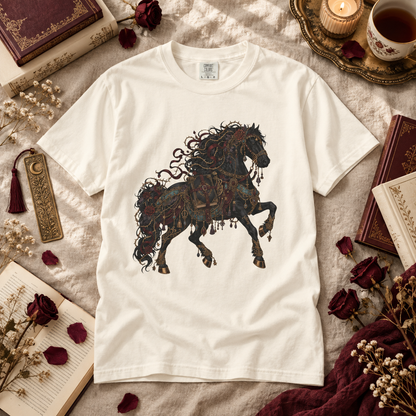 An off-white short-sleeve t-shirt featuring a detailed graphic of a dark, ornate horse with gothic and filigree details, styled in a cozy flat-lay arrangement with books, dried roses, and a candle.