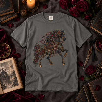 A dark gray crewneck t-shirt featuring a detailed graphic of a rearing horse adorned with ornate gold, red, and black filigree patterns. The shirt is presented in a styled flat-lay arrangement surrounded by gothic-themed props including vintage books, red roses, velvet fabric, and a lit candle.