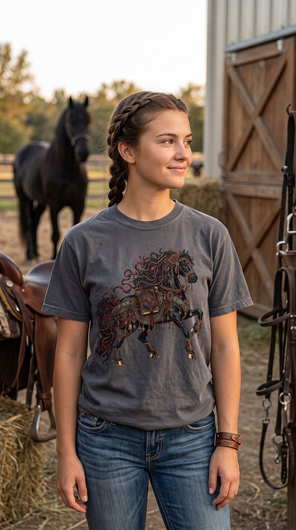 Step into your next fictional world with this dark fantasy horse shirt featuring an ornate black horse, antique books, deep red roses, jeweled details, and flowing ribbons. A striking bookish T-shirt for romantasy readers, gothic book lovers, fantasy fans, horse lovers, book club friends, and anyone who dreams of enchanted kingdoms and dangerous adventures. Available in Blue Jean, Moss, Pepper, Butter, Espresso, Ivory, and White. #RomantasyStyle #BookLoverGift #FantasyShirt