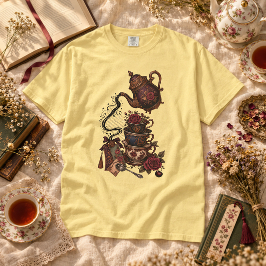 A pale yellow short-sleeve t-shirt with a vintage-style tea-themed graphic print, laid flat on a textured white fabric surrounded by tea cups, books, and dried flowers.