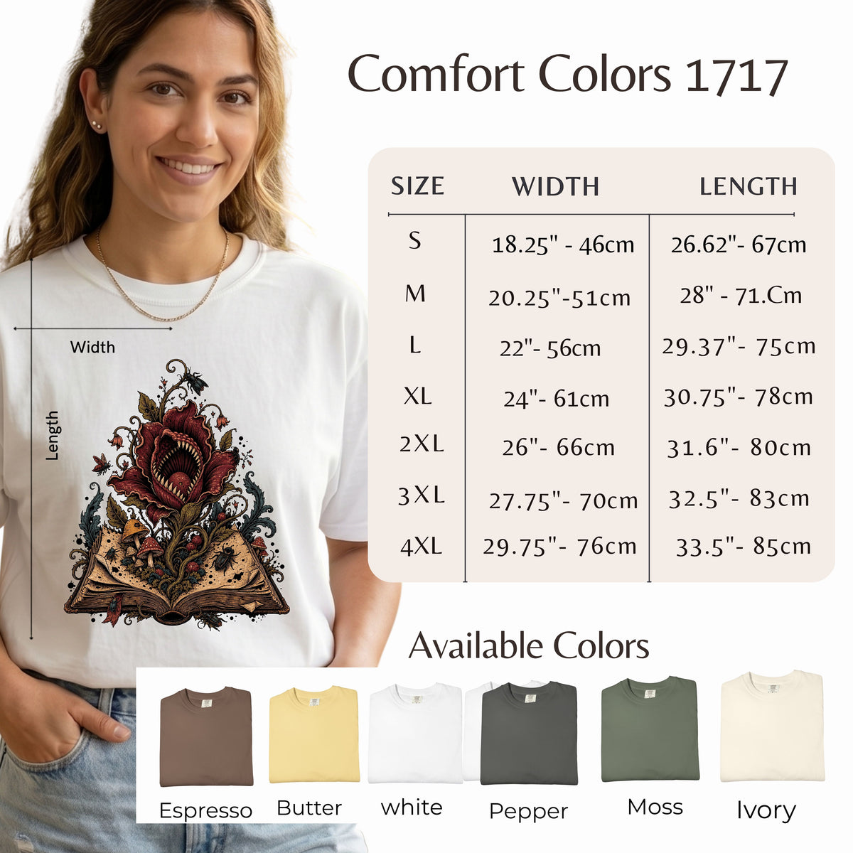 A woman models a white Comfort Colors 1717 t-shirt featuring a graphic of an open book with a red rose. The image includes a size chart with measurements for S through 4XL, an 'Available Colors' section showing espresso, butter, white, pepper, moss, and ivory, and a product title at the top.