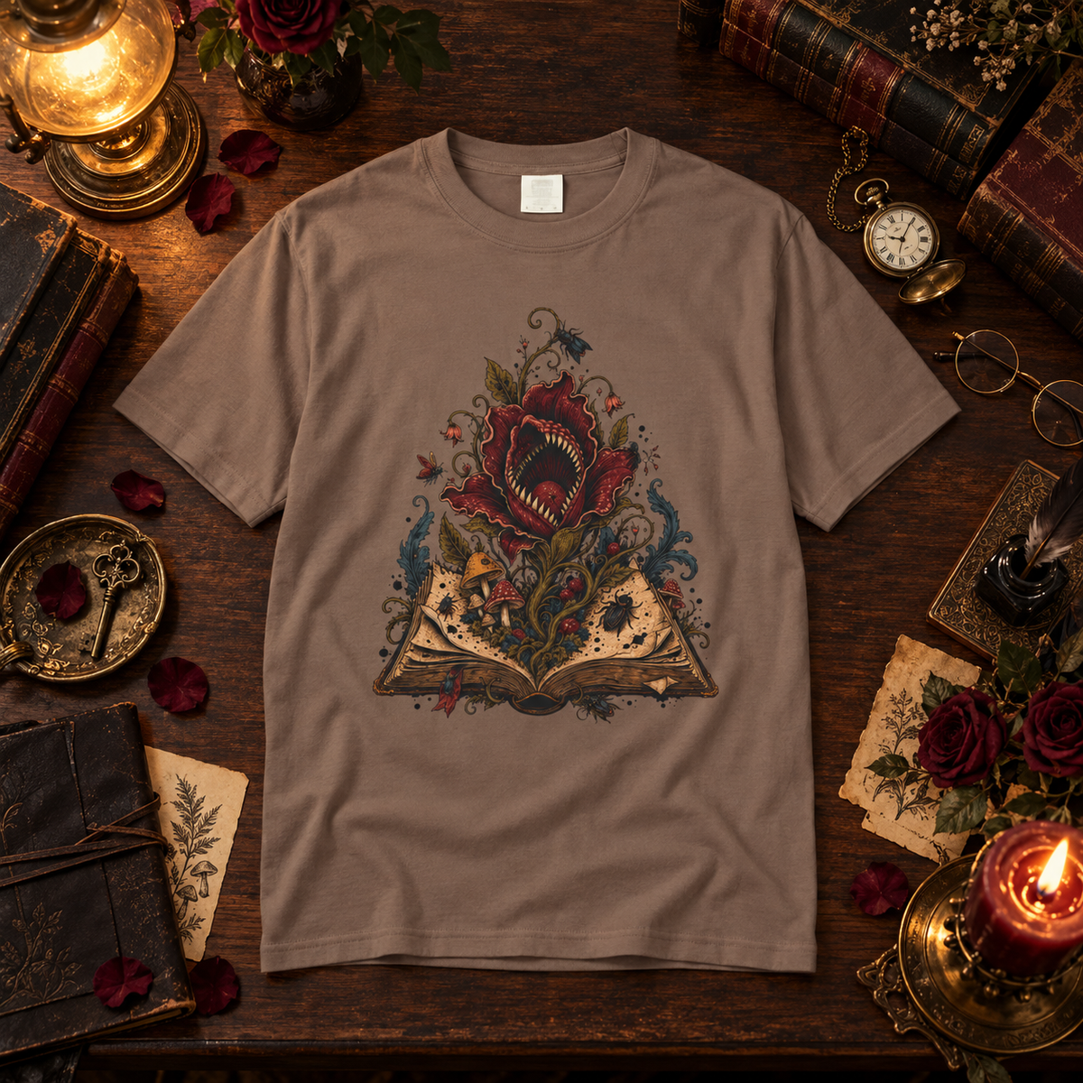 A taupe brown short-sleeve t-shirt with a detailed graphic of a monstrous open book and a red flower, displayed in a vintage-themed flat lay on a wooden table surrounded by books, a candle, and a pocket watch.
