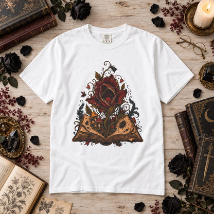 A white short-sleeve graphic T-shirt laid flat on a rustic wooden surface, surrounded by vintage books, black roses, dried flowers, glasses, and a candle. The shirt features a large central graphic of an open book with a red rose and dark ornate details.