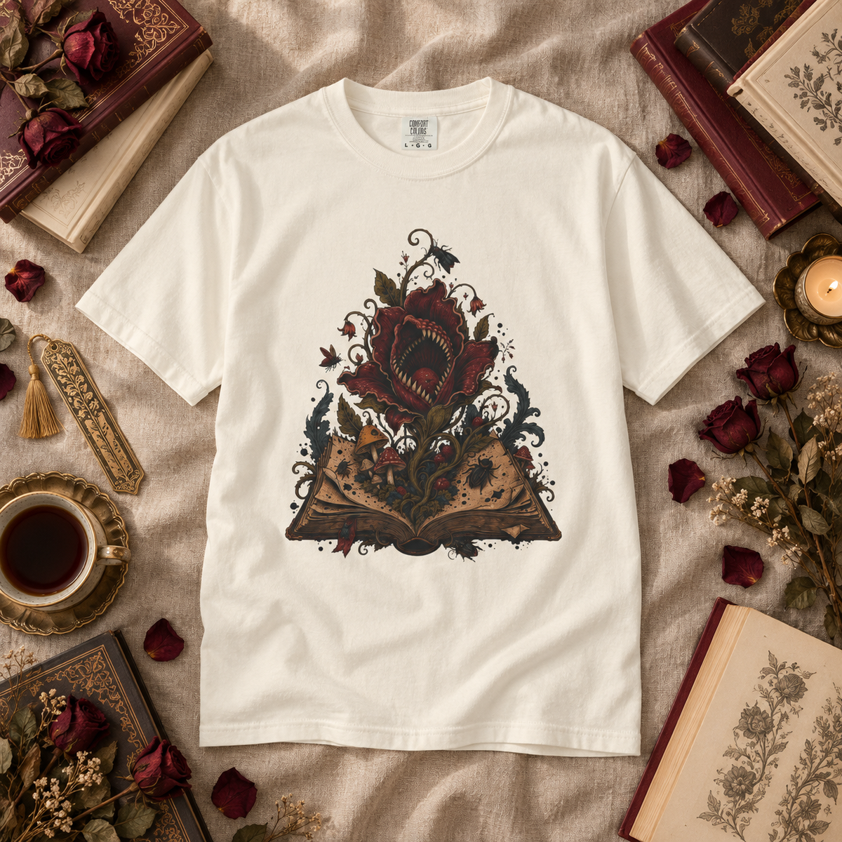 A white short-sleeve crewneck t-shirt with a detailed graphic of an open book and a red rose, styled in a flat lay on a beige linen fabric surrounded by vintage books, dried roses, a teacup, and a candle.