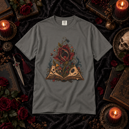 A dark gray crewneck t-shirt with a gothic graphic of an open book and a red rose, styled in a flat-lay on a black velvet background with candles, books, and a skull.