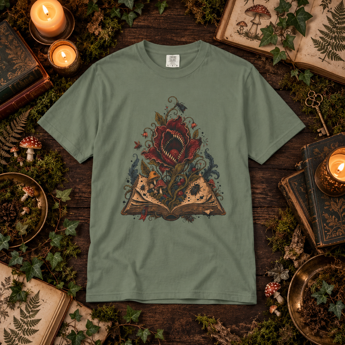 A sage green short-sleeve t-shirt with a detailed graphic of a red rose growing from an open book, surrounded by fantasy elements like a dragon, on a dark wood background styled with books, candles, moss, and ivy.