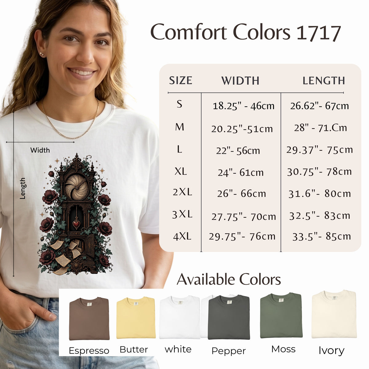 A size chart and color options graphic for a Comfort Colors 1717 t-shirt. The top half features a smiling woman wearing a white t-shirt with a dark brown gothic clock graphic, with measurement guides showing width and length.