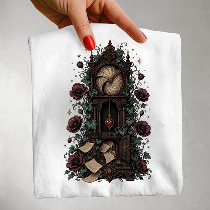 A hand with red nail polish holds up a white t-shirt featuring a detailed graphic print of a gothic clockwork mechanism adorned with dark red roses, green leaves, and gold stars.