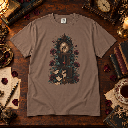 A taupe brown short-sleeve t-shirt with a detailed gothic clock graphic, laid flat on a dark wooden table surrounded by vintage props like books, a clock, and a cup of tea.