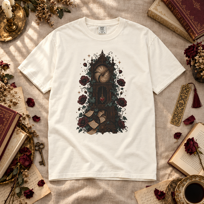 A white short-sleeve crewneck t-shirt with a detailed gothic illustration of a grandfather clock surrounded by dark red roses, laid flat on a textured beige linen surface with vintage books, dried flowers, and a candle as styled props.