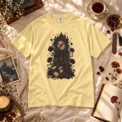 A pale yellow short-sleeve t-shirt with a dark gothic illustration of a clockwork mechanism surrounded by roses, laid flat on a textured cream blanket with vintage props like a teacup, books, and dried flowers.