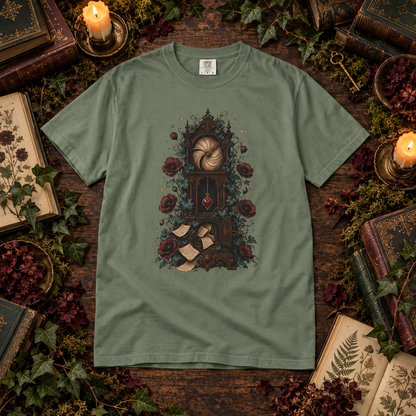 An olive green short-sleeve t-shirt with a detailed gothic illustration of a grandfather clock, roses, and open books, laid flat on a rustic wooden surface surrounded by candles, moss, and antique books.