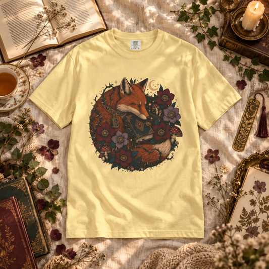 A pale yellow short-sleeve T-shirt laid flat on a textured cream fabric, surrounded by styled props including an open book, candle, dried flowers, and vintage books. The shirt features a large circular graphic of a fox curled up among flowers and books.