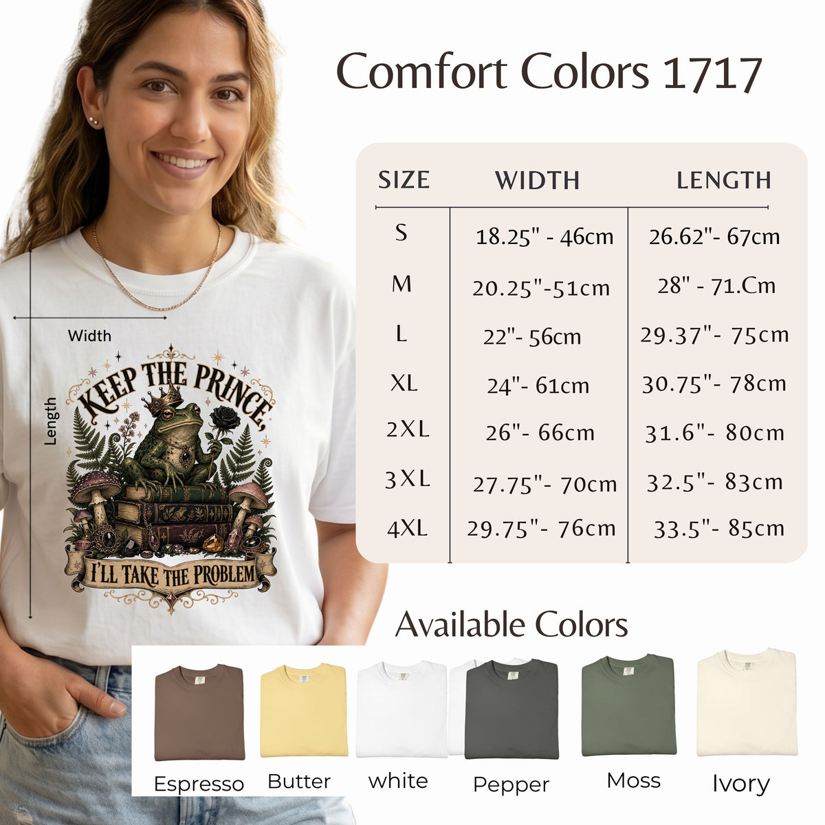 A woman wearing a white graphic T-shirt with a large vintage-style print reading 'Keep the Prince. I'll Take the Problem.