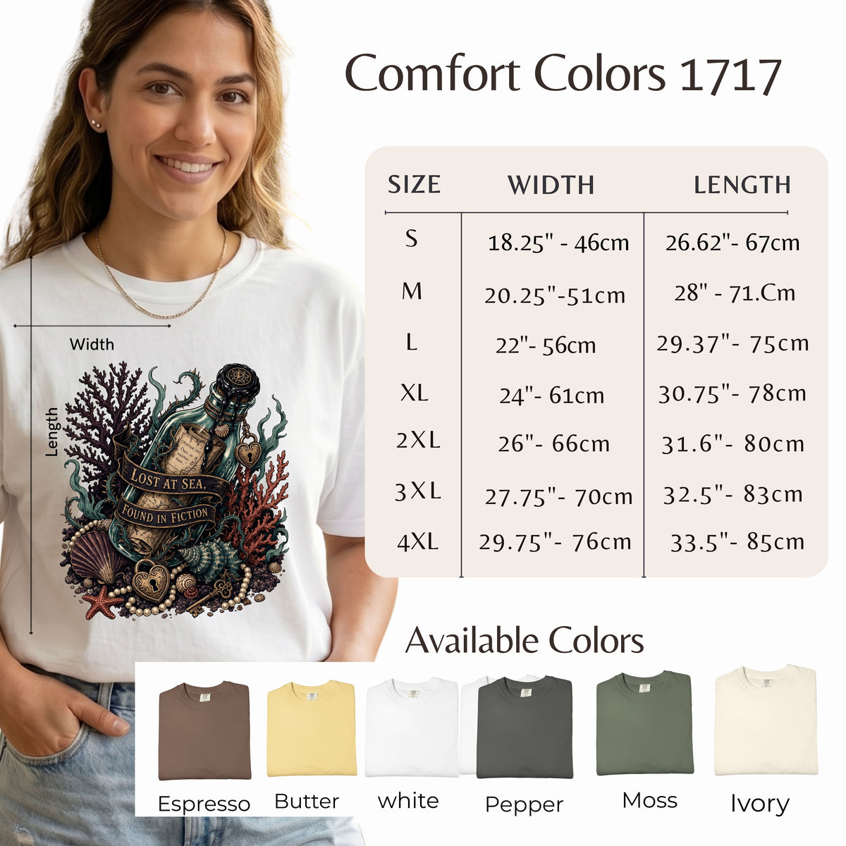 A woman models a white Comfort Colors 1717 graphic T-shirt with a large octopus and sea creature print. The image includes a size chart with width and length measurements for sizes S through 4XL, an 'Available Colors' row showing espresso, butter, white, pepper, moss, and ivory, and the text 'Comfort Colors 1717' at the top.
