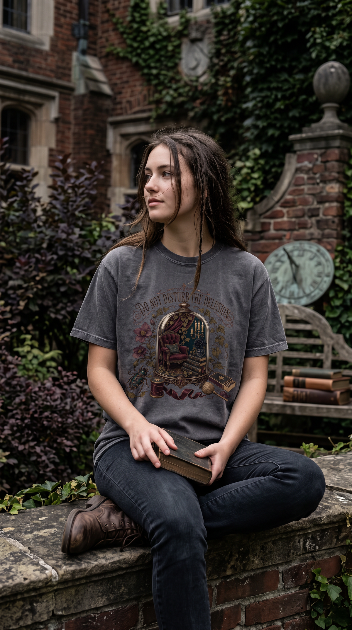 Do not disturb the delusion. This gothic book lover shirt features a cozy reading retreat beneath an ornate glass cloche, complete with a burgundy chair, antique books, candles, ivy, dark flowers, and vintage details. A fun gift for dark romance readers, fantasy lovers, romantasy fans, librarians, writers, and book club friends. Available in Blue Jean, Moss, Pepper, Butter, Espresso, Ivory, and White.