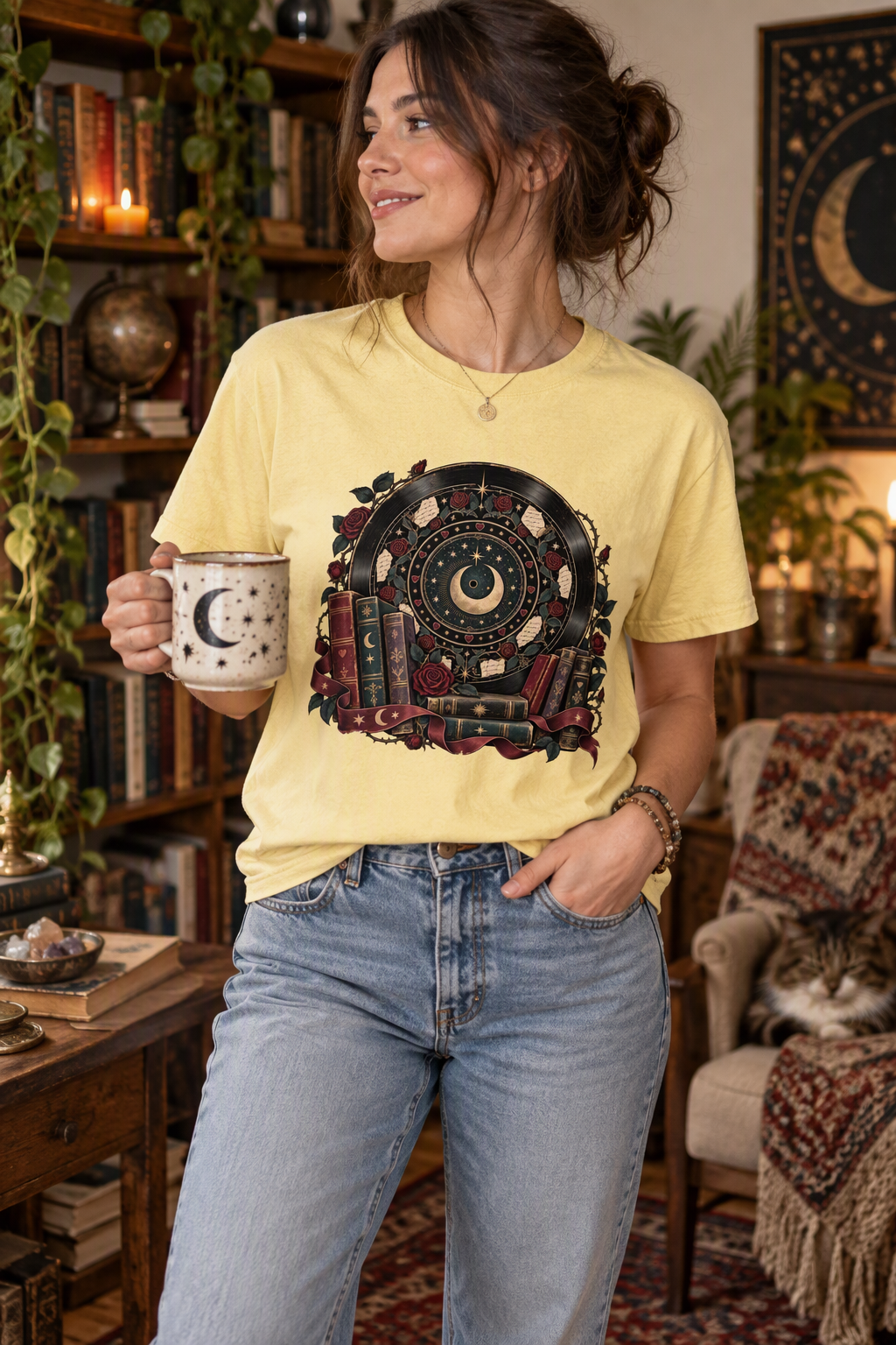 Add a little celestial magic to your reading-day wardrobe with this moon and books Comfort Colors shirt. The design features a crescent moon, starry celestial wheel, vintage books, burgundy roses, antique pages, and flowing ribbon on a warm Butter yellow tee. A thoughtful gift for romantasy readers, fantasy book lovers, librarians, book club friends, and dark-academia fans. Perfect for bookstore visits, library trips, cozy reading days, and bookish outfits. #BookLoverShirt #RomantasyGift #CelestialStyle