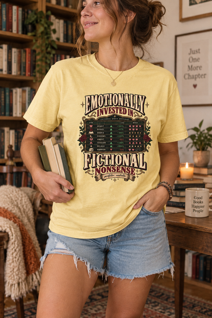 Looking for a funny gift for the reader who gets emotionally attached to fictional characters? This “Emotionally Invested in Fictional Nonsense” shirt features a vintage reading tracker with hearts, stars, roses, and playful categories for spice, angst, tension, and plot twists. Printed on a soft Pepper Comfort Colors tee with a relaxed unisex fit, it’s perfect for book club, bookstore trips, library visits, author events, and cozy reading days. A fun gift for romance readers, romantasy fans, librarians, wr