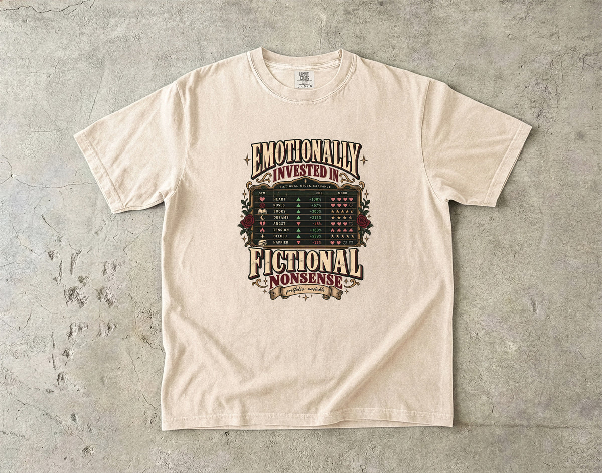 Emotionally Invested Shirt, Funny Book Lover Tee, Fictional Nonsense Reader Gift, Book Tracker Shirt, Comfort Colors Bookish Tee