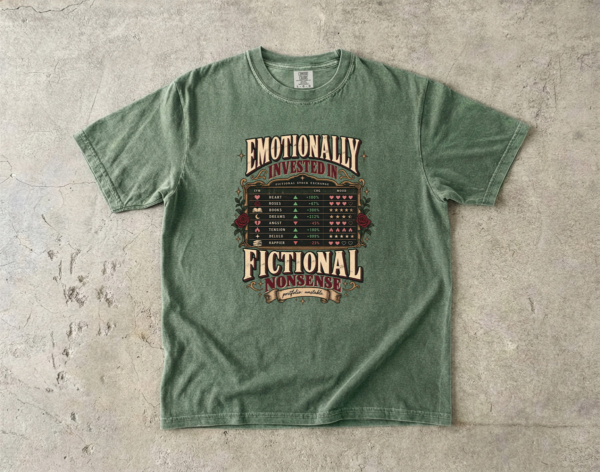 Emotionally Invested Shirt, Funny Book Lover Tee, Fictional Nonsense Reader Gift, Book Tracker Shirt, Comfort Colors Bookish Tee