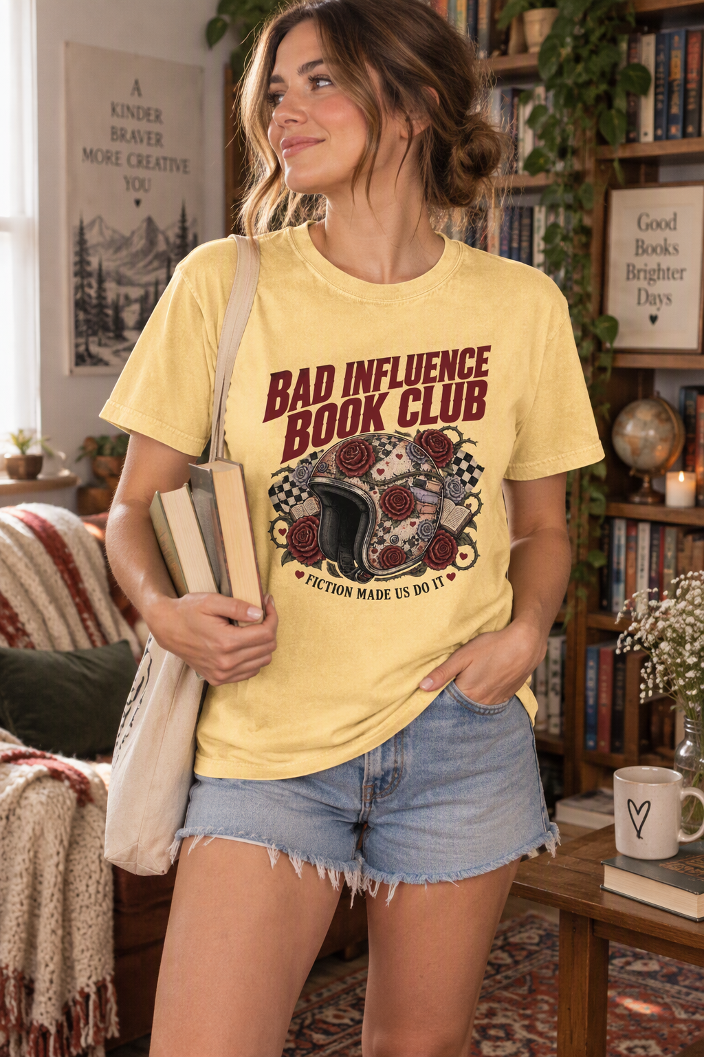 Shop the “Bad Influence Book Club” shirt for the romance reader whose favorite fictional characters inspire questionable decisions. Featuring a vintage motorcycle helmet, red roses, book pages, and bold distressed lettering, this bookish tee is perfect for book club meetings, bookstore trips, reading retreats, and everyday outfits. A fun birthday or holiday gift for book lovers, romance readers, book besties, and dark-fiction fans.
