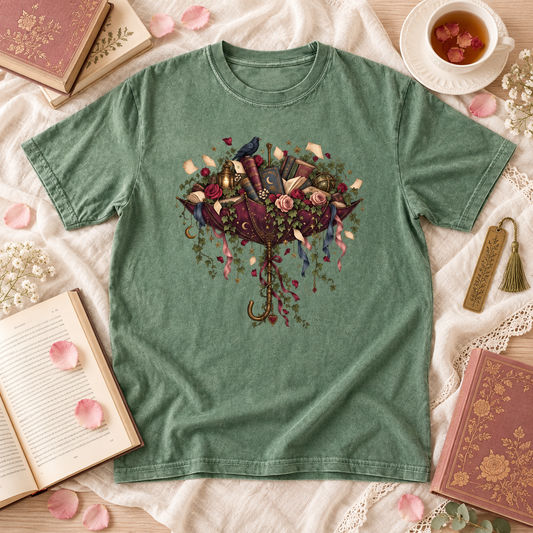 Book Lover Shirt, Whimsical Reading Tee, Vintage Book Umbrella T Shirt, Cottagecore Reader Gift, Librarian Bookish Top