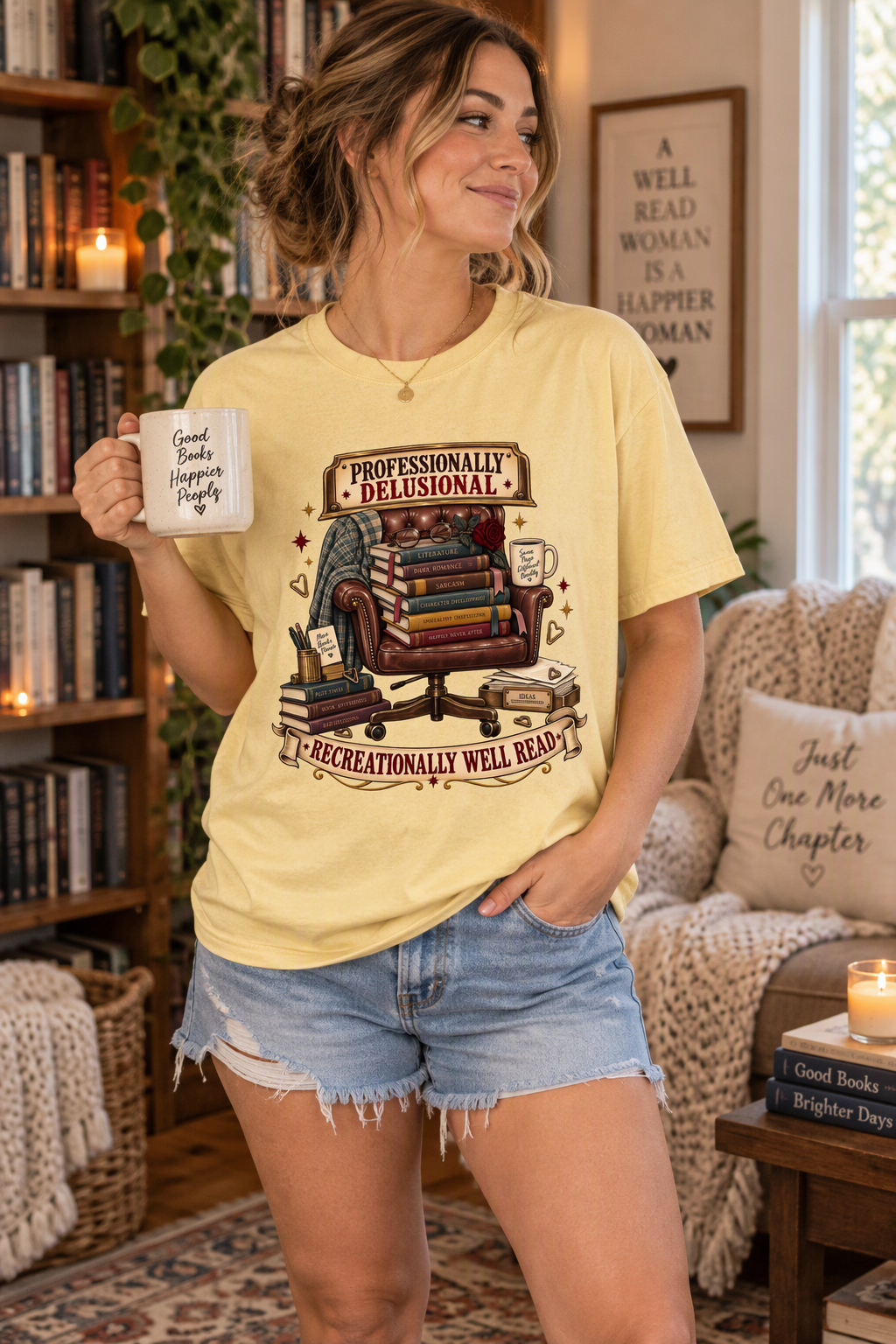Shop the “Professionally Delusional, Recreationally Well Read” shirt for the reader who is always emotionally invested in fictional worlds. Featuring a cozy vintage reading chair piled with books, a coffee mug, blanket, rose, and literary details, this funny bookish tee is perfect for book club, bookstore trips, library visits, author events, and reading weekends. A thoughtful gift for book lovers, romance readers, librarians, teachers, book besties, and dedicated bookworms.