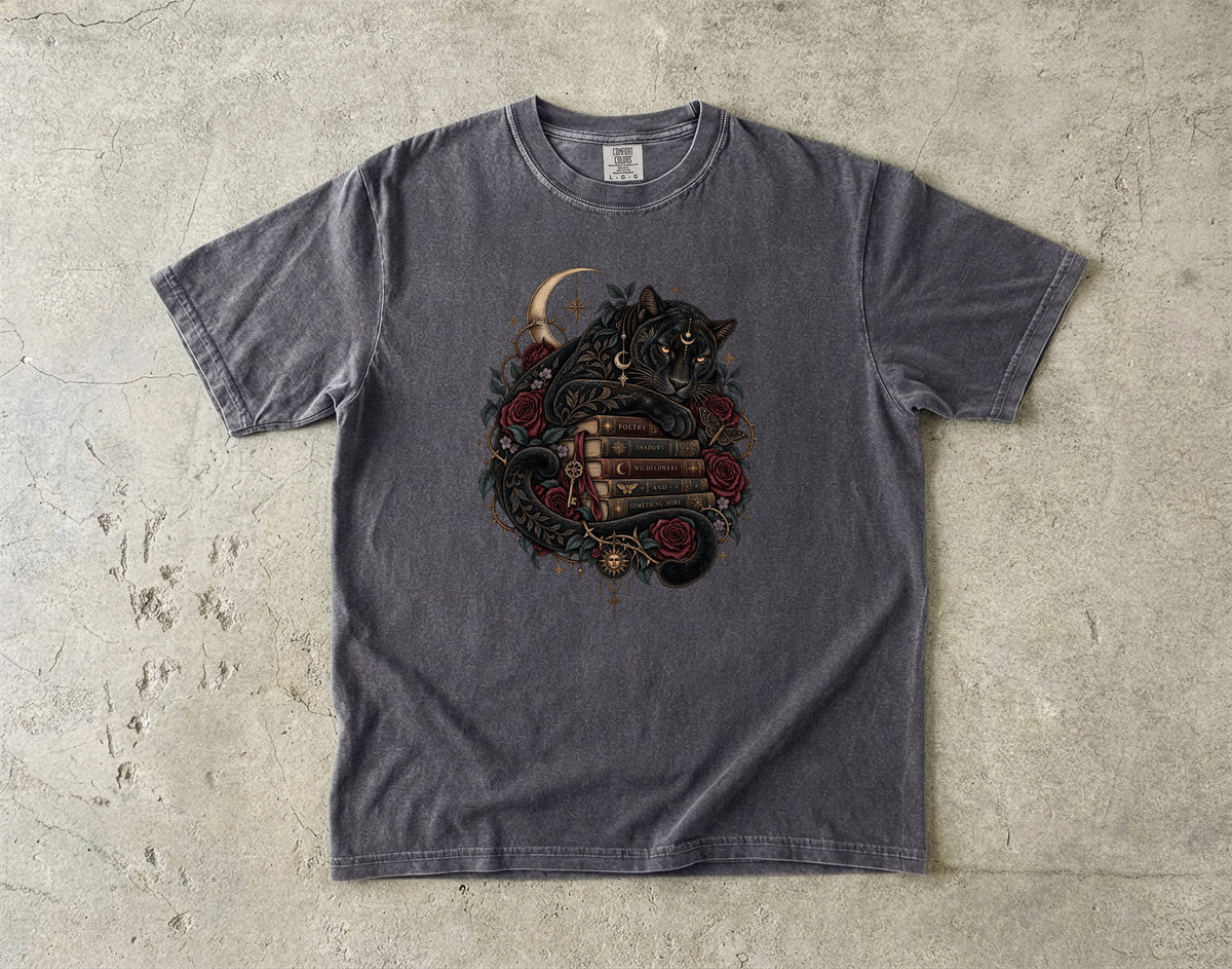 Black Cat Book Lover Shirt, Gothic Reading Tee, Dark Academia Cat Shirt, Romantasy Reader Gift, Moon and Roses T Shirt
