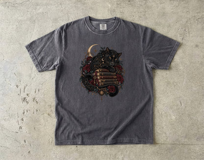 Black Cat Book Lover Shirt, Gothic Reading Tee, Dark Academia Cat Shirt, Romantasy Reader Gift, Moon and Roses T Shirt