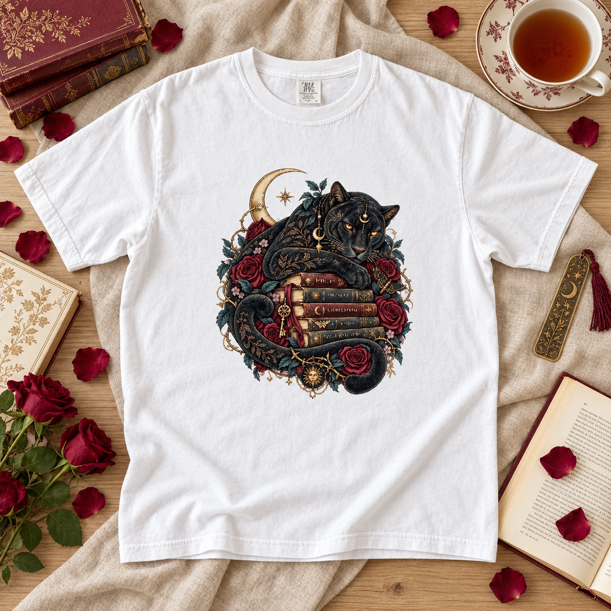 Black Cat Book Lover Shirt, Gothic Reading Tee, Dark Academia Cat Shirt, Romantasy Reader Gift, Moon and Roses T Shirt