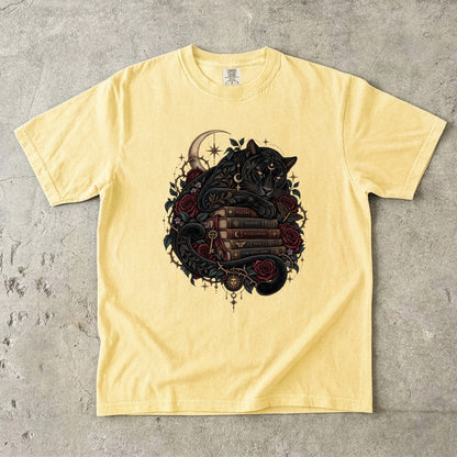 Black Cat Book Lover Shirt, Gothic Reading Tee, Dark Academia Cat Shirt, Romantasy Reader Gift, Moon and Roses T Shirt