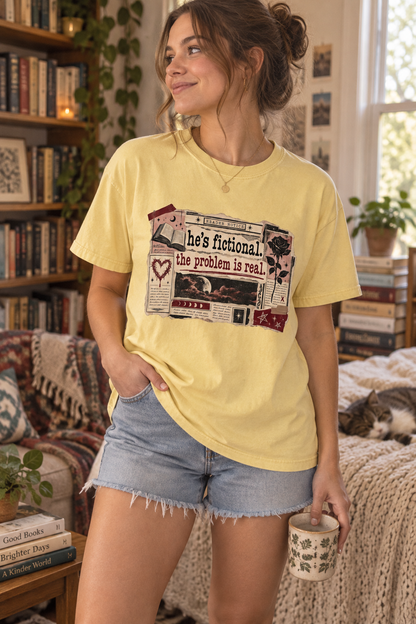 He may be fictional, but the problem is very real. This funny book lover shirt features a vintage scrapbook design with roses, celestial details, and the relatable phrase “He’s Fictional. The Problem Is Real.” A fun gift for romance readers, BookTok friends, book club members, librarians, and anyone emotionally attached to fictional men. Wear it for bookstore trips, reading weekends, author events, or your next book club meeting.
