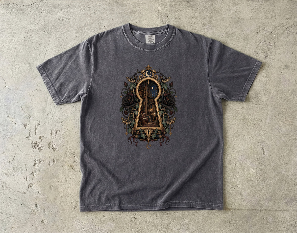 Gothic Library Shirt, Dark Academia Book Lover Tee, Keyhole Bookshelf T Shirt, Fantasy Reader Gift, Bookish Comfort Colors Shirt