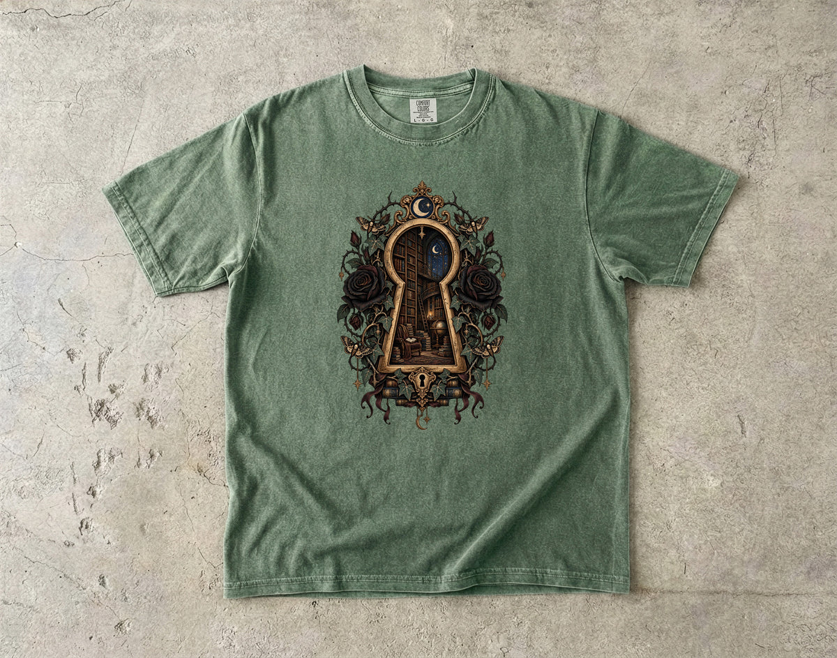 Gothic Library Shirt, Dark Academia Book Lover Tee, Keyhole Bookshelf T Shirt, Fantasy Reader Gift, Bookish Comfort Colors Shirt