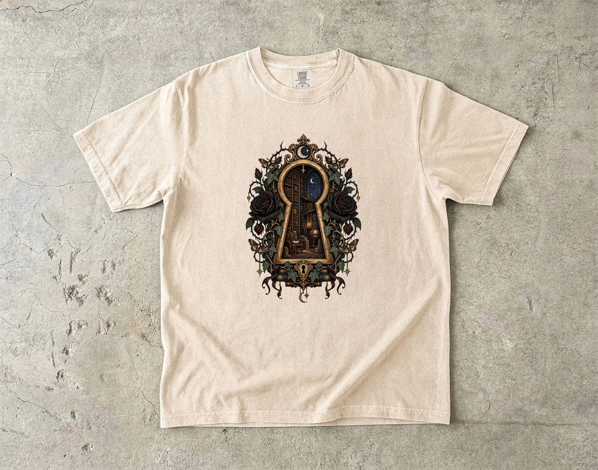 Gothic Library Shirt, Dark Academia Book Lover Tee, Keyhole Bookshelf T Shirt, Fantasy Reader Gift, Bookish Comfort Colors Shirt