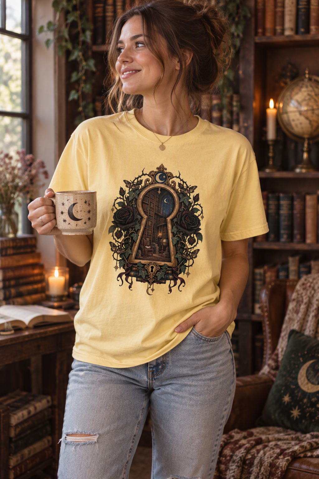 Step through the keyhole and into your dream library. This gothic library shirt features an ornate keyhole, hidden bookshelves, black roses, celestial details, and antique gold accents. A unique gift for fantasy readers, dark-academia fans, librarians, writers, and book club friends. Wear it for bookstore trips, library visits, author events, conventions, or cozy reading days.
