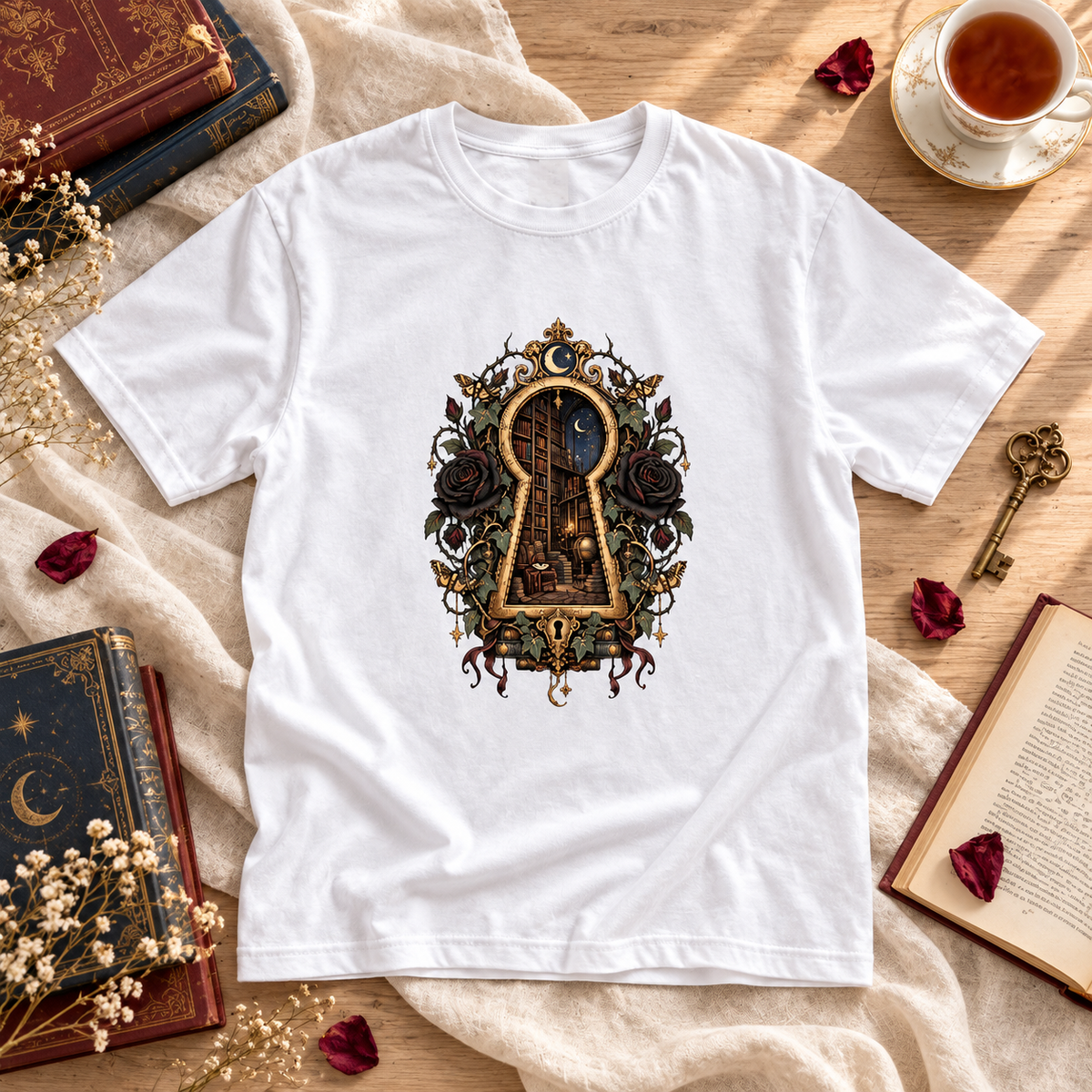 Gothic Library Shirt, Dark Academia Book Lover Tee, Keyhole Bookshelf T Shirt, Fantasy Reader Gift, Bookish Comfort Colors Shirt