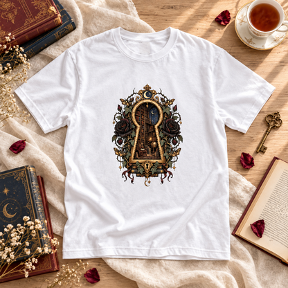 Gothic Library Shirt, Dark Academia Book Lover Tee, Keyhole Bookshelf T Shirt, Fantasy Reader Gift, Bookish Comfort Colors Shirt