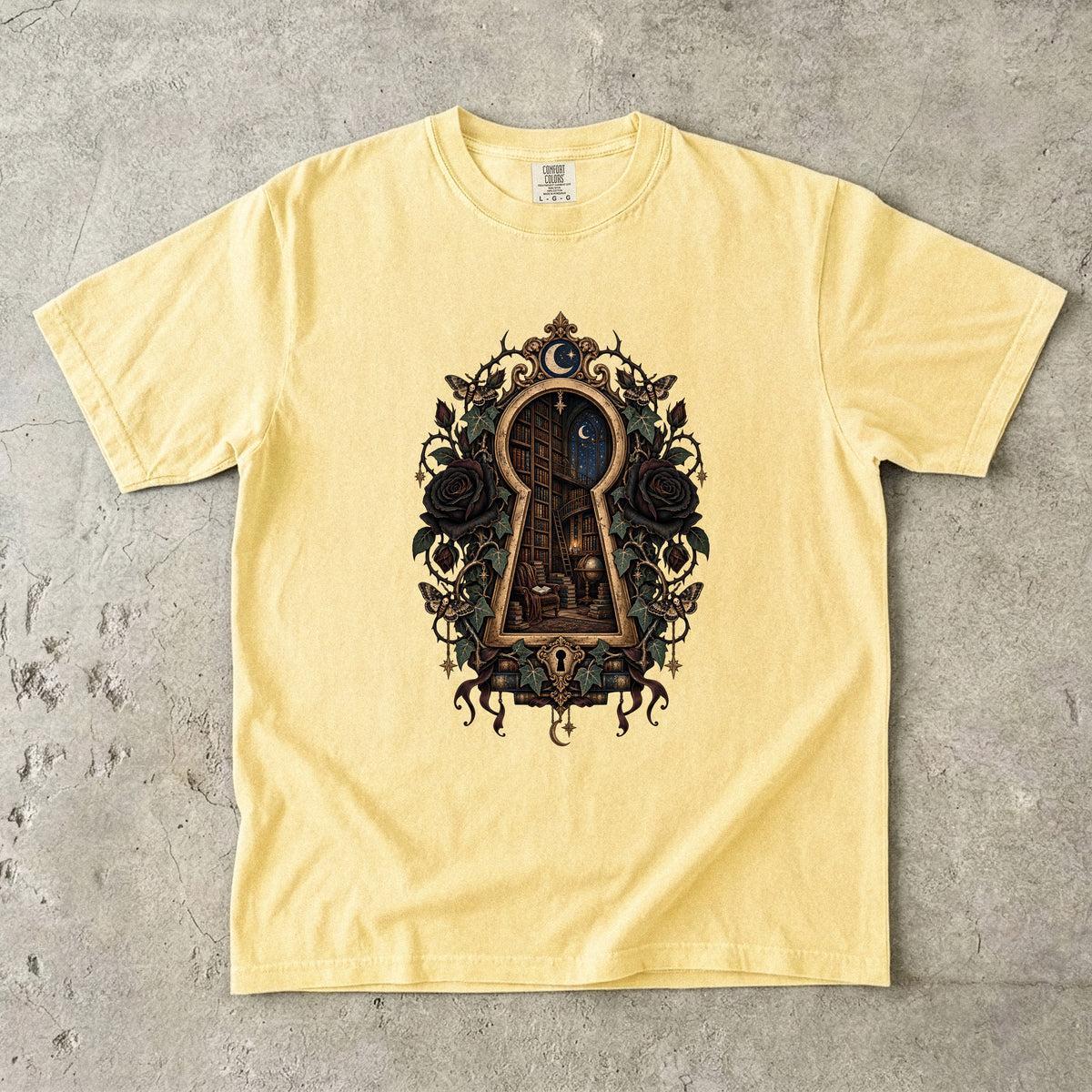 Gothic Library Shirt, Dark Academia Book Lover Tee, Keyhole Bookshelf T Shirt, Fantasy Reader Gift, Bookish Comfort Colors Shirt
