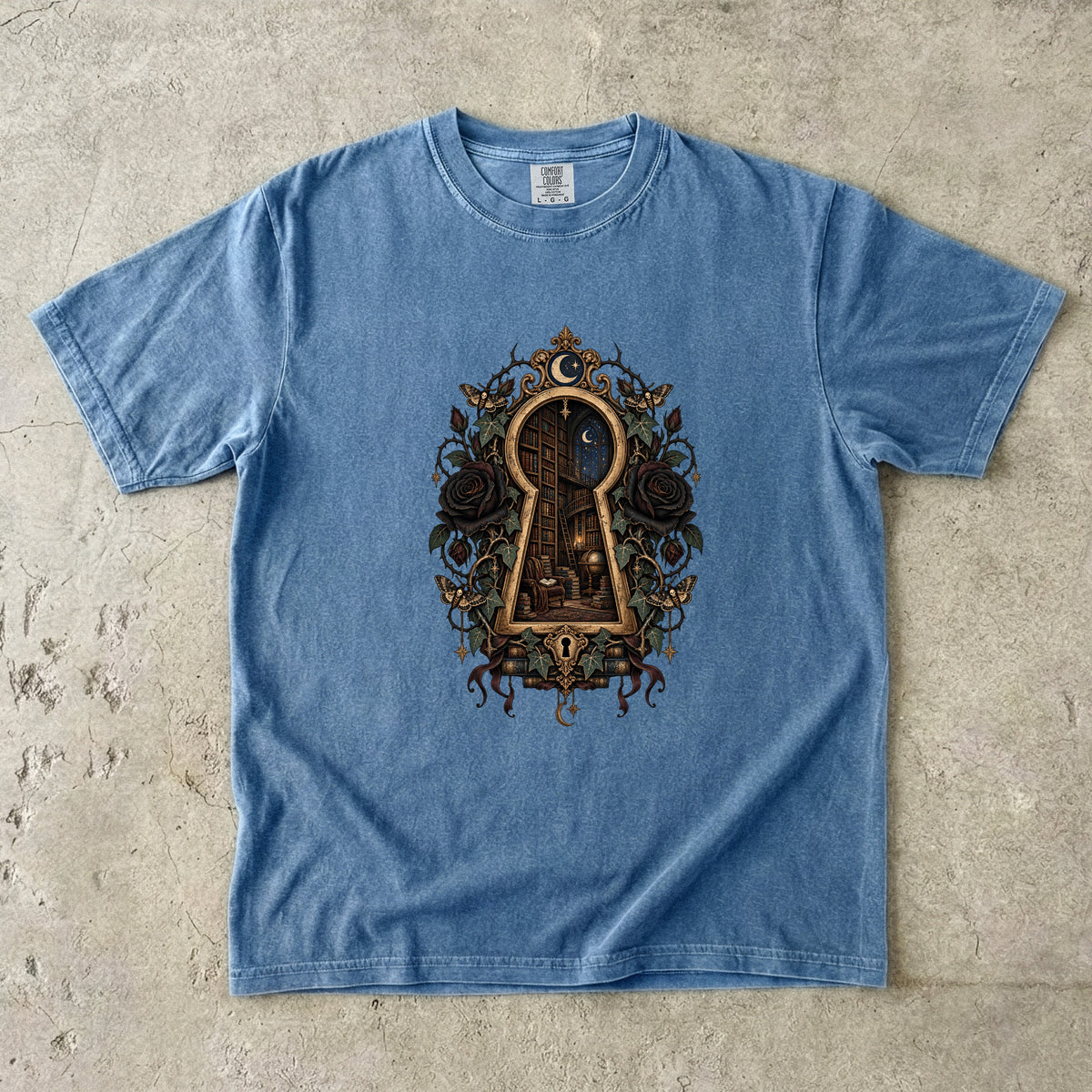 Gothic Library Shirt, Dark Academia Book Lover Tee, Keyhole Bookshelf T Shirt, Fantasy Reader Gift, Bookish Comfort Colors Shirt