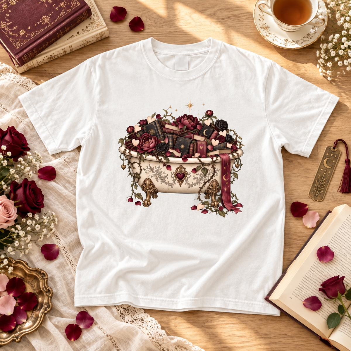 Romance Reader Shirt, Book Lover Comfort Colors Tee, Books and Roses T Shirt, Floral Bathtub Shirt, Book Club Gift
