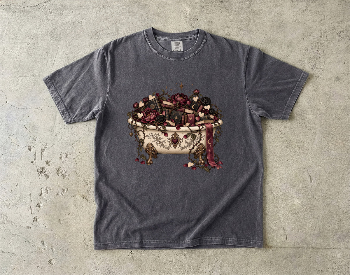 Romance Reader Shirt, Book Lover Comfort Colors Tee, Books and Roses T Shirt, Floral Bathtub Shirt, Book Club Gift