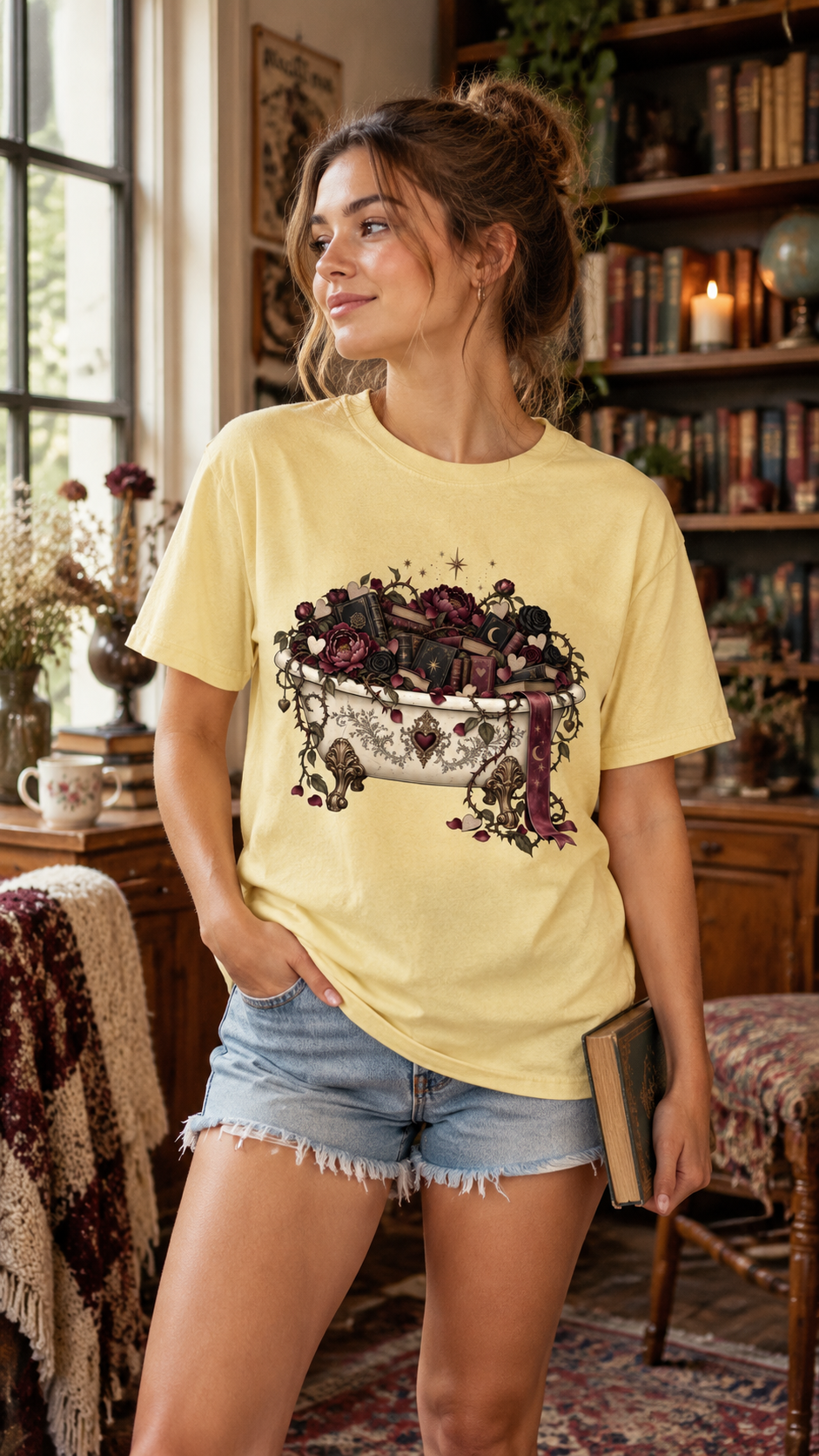Create the perfect reading-day outfit with this romantic book lover shirt featuring a vintage bathtub overflowing with antique books, burgundy roses, dark florals, hearts, and celestial details. A thoughtful gift for romance readers, fantasy fans, librarians, writers, and book club friends. Perfect for bookstore trips, library visits, author events, reading retreats, or cozy weekends with your TBR.