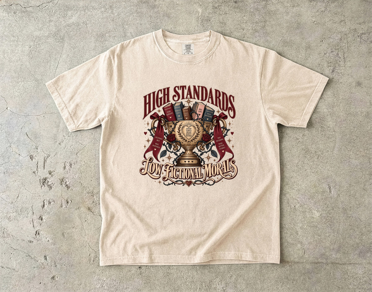 High Standards Low Fictional Morals Shirt, Funny Romance Reader Tee, Book Lover Gift, Morally Gray Book Club Shirt