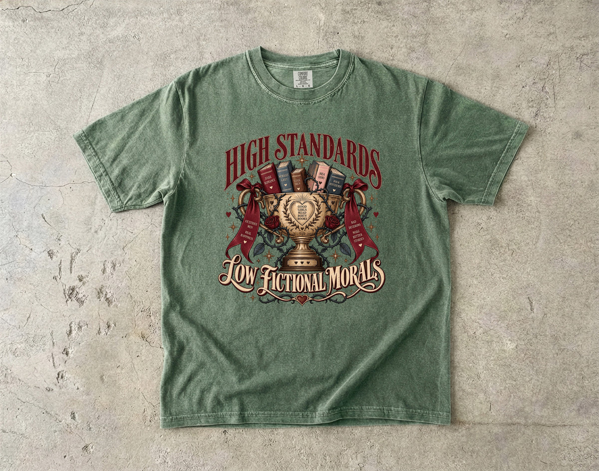 High Standards Low Fictional Morals Shirt, Funny Romance Reader Tee, Book Lover Gift, Morally Gray Book Club Shirt